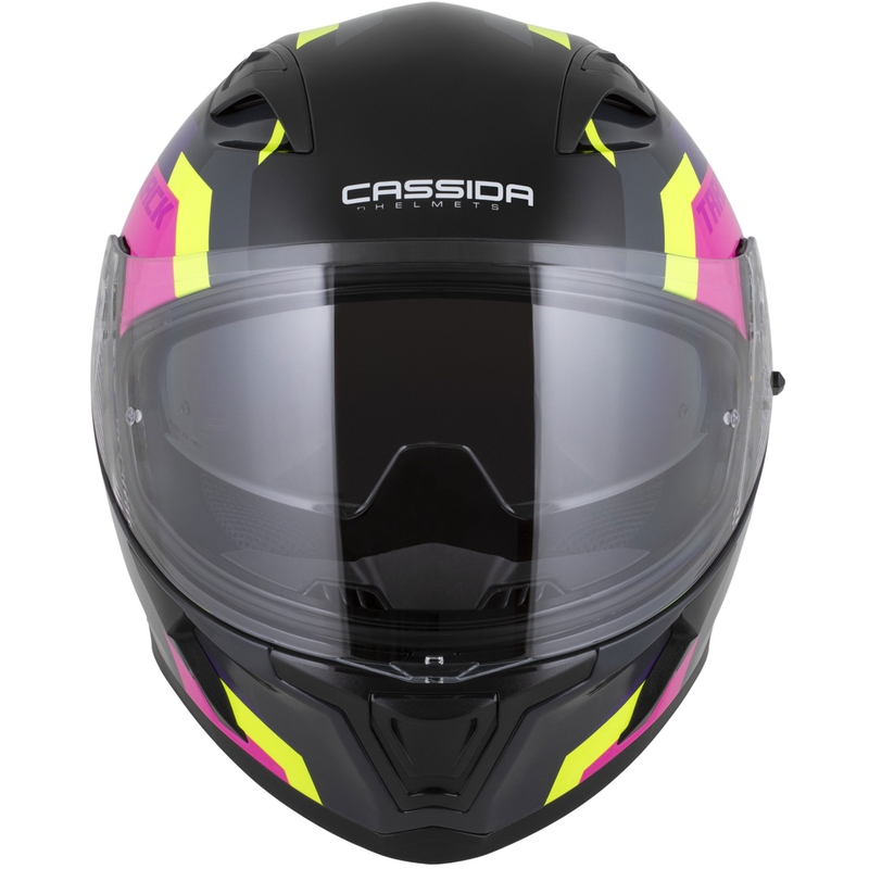 Casque moto intégral Cassida Orbit Track noir-rose-violet-jaune fluo-blanc