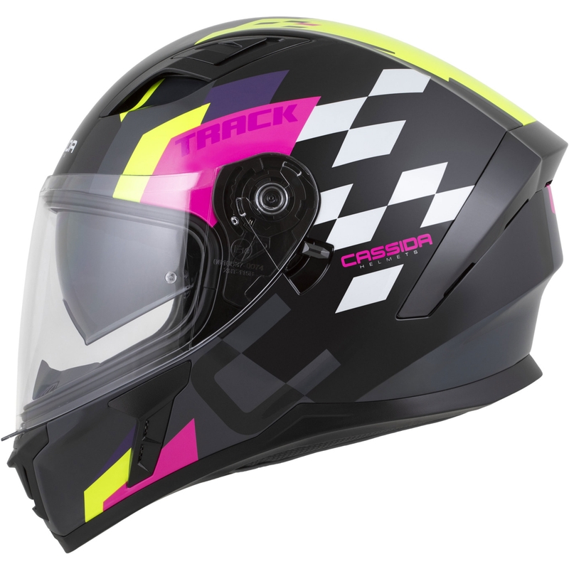 Casque moto intégral Cassida Orbit Track noir-rose-violet-jaune fluo-blanc