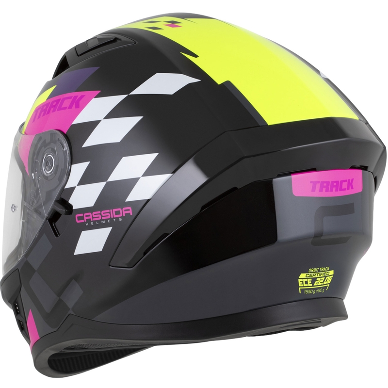 Casque moto intégral Cassida Orbit Track noir-rose-violet-jaune fluo-blanc