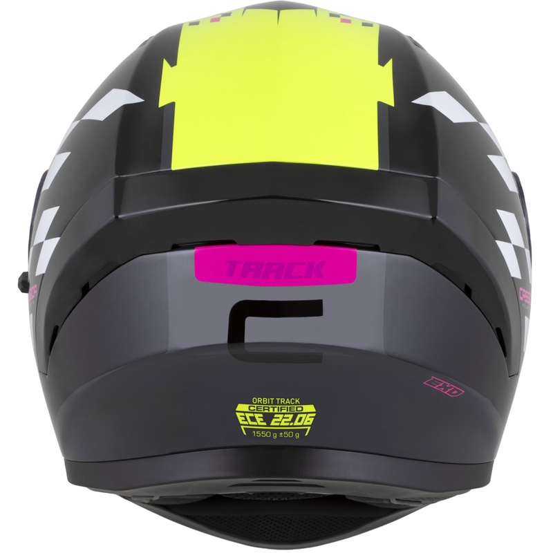 Casque moto intégral Cassida Orbit Track noir-rose-violet-jaune fluo-blanc