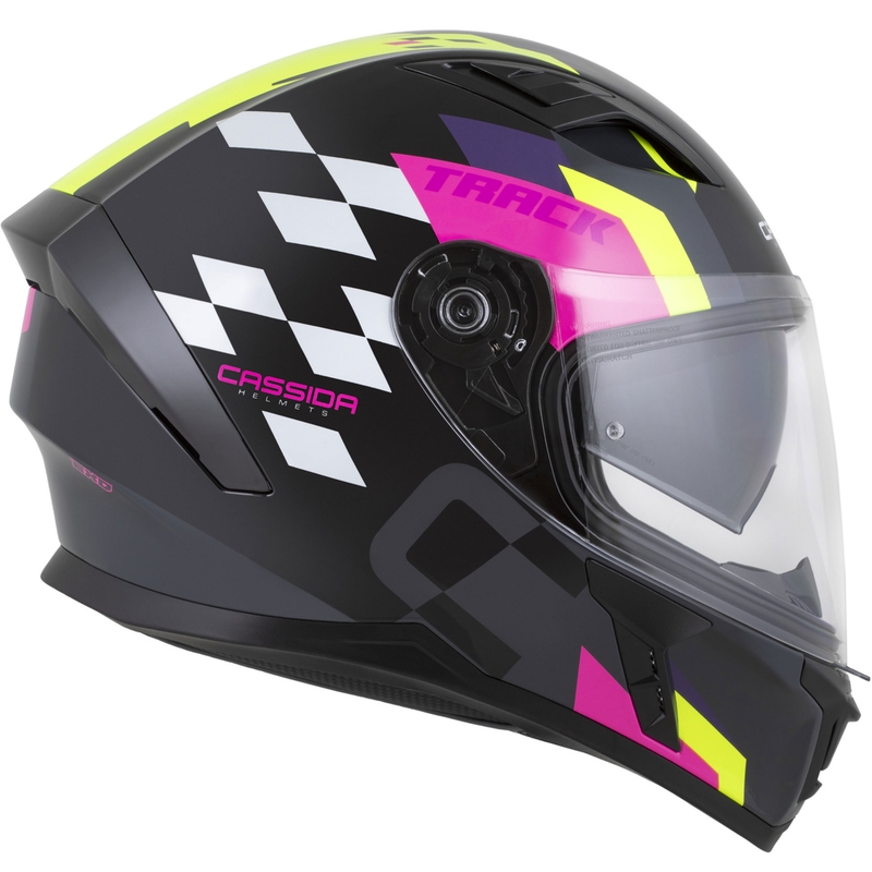 Casque moto intégral Cassida Orbit Track noir-rose-violet-jaune fluo-blanc