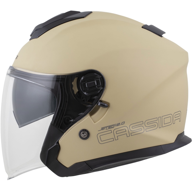 Casque de moto ouvert Cassida Jet Tech 2.0 RoTo, coloris sable mat, noir et gris.