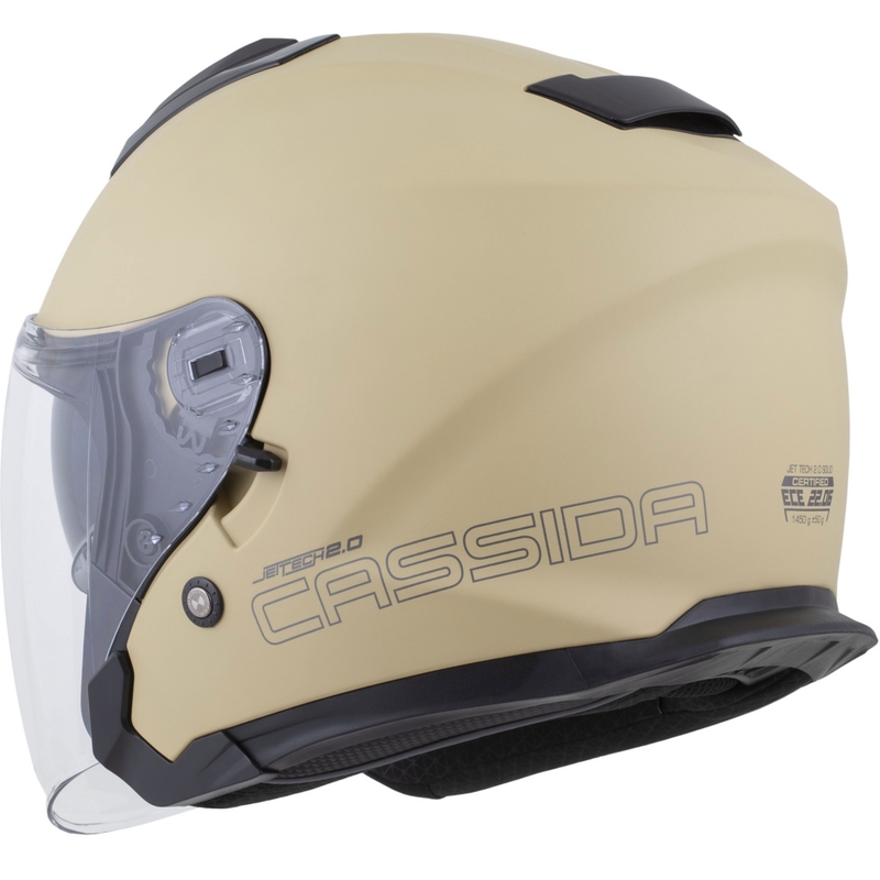 Casque de moto ouvert Cassida Jet Tech 2.0 RoTo, coloris sable mat, noir et gris.