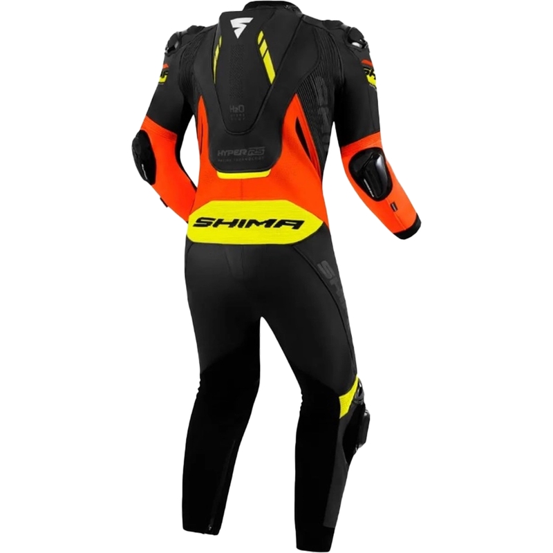Salopette de moto Shima Hyper-RS en cuir noir-orange fluo-jaune