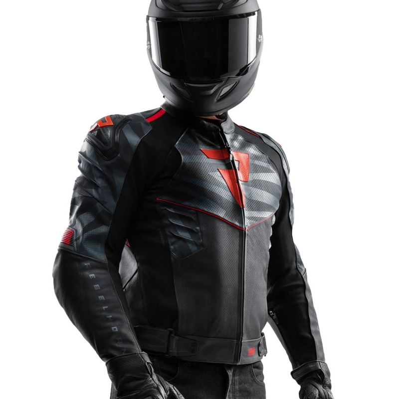 Blouson de moto en cuir Rebelhorn Vandal 2 noir-gris-rouge fluo