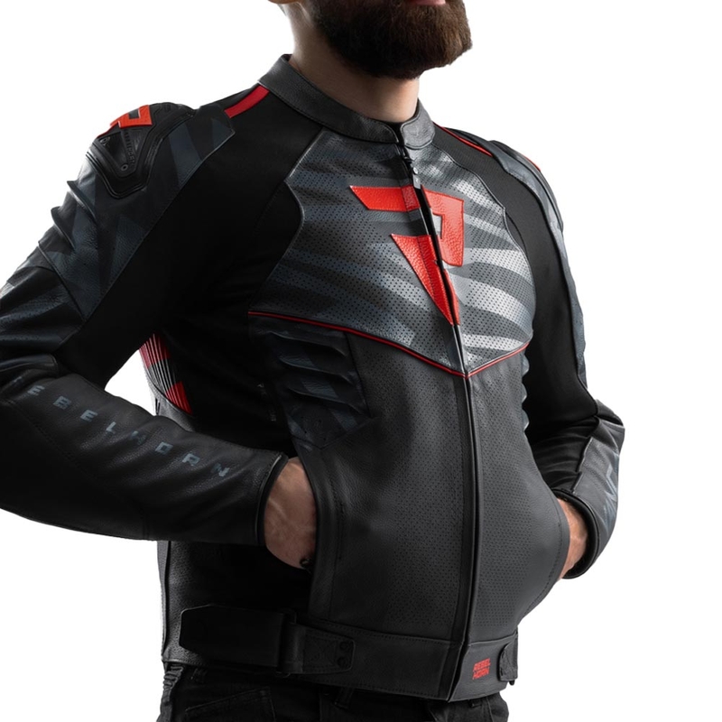 Blouson de moto en cuir Rebelhorn Vandal 2 noir-gris-rouge fluo