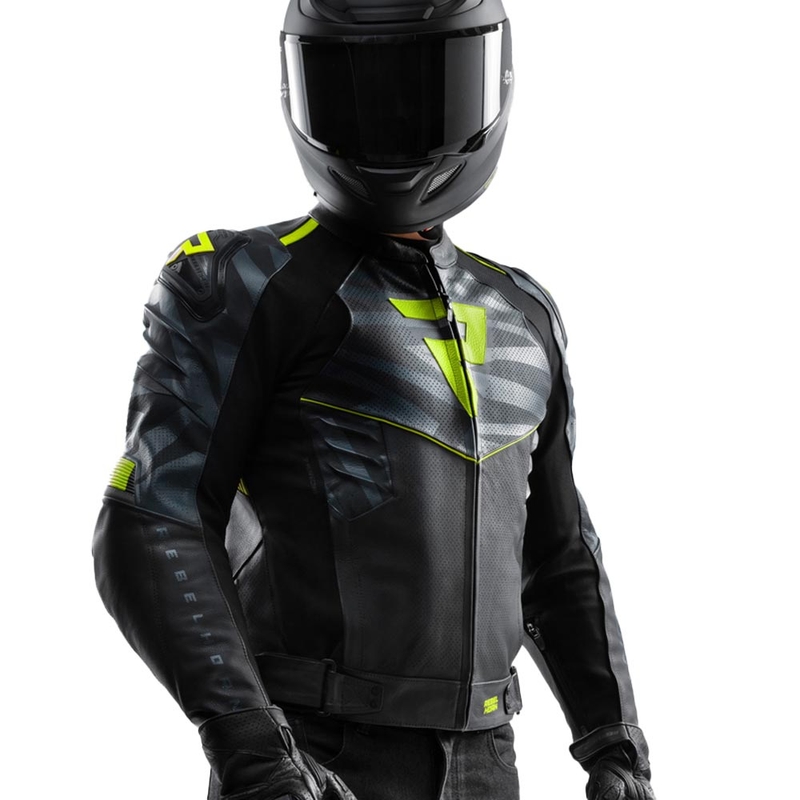 Blouson de moto en cuir Rebelhorn Vandal 2 noir-gris-jaune fluo