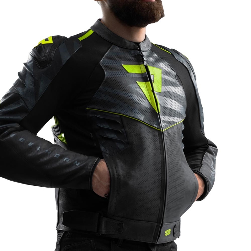Blouson de moto en cuir Rebelhorn Vandal 2 noir-gris-jaune fluo