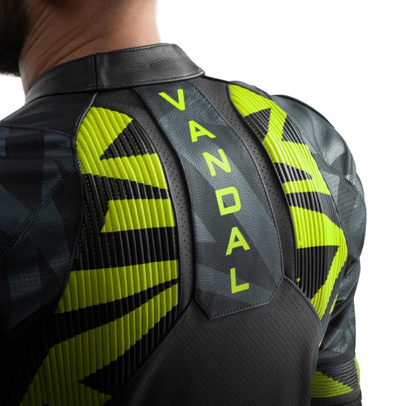Blouson de moto en cuir Rebelhorn Vandal 2 noir-gris-jaune fluo