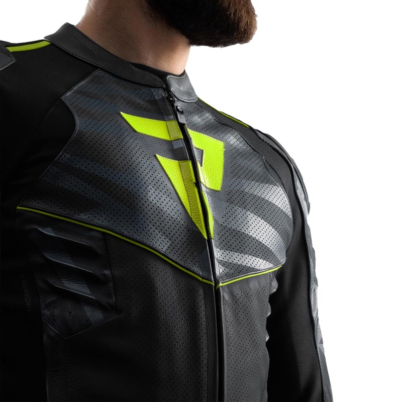 Blouson de moto en cuir Rebelhorn Vandal 2 noir-gris-jaune fluo
