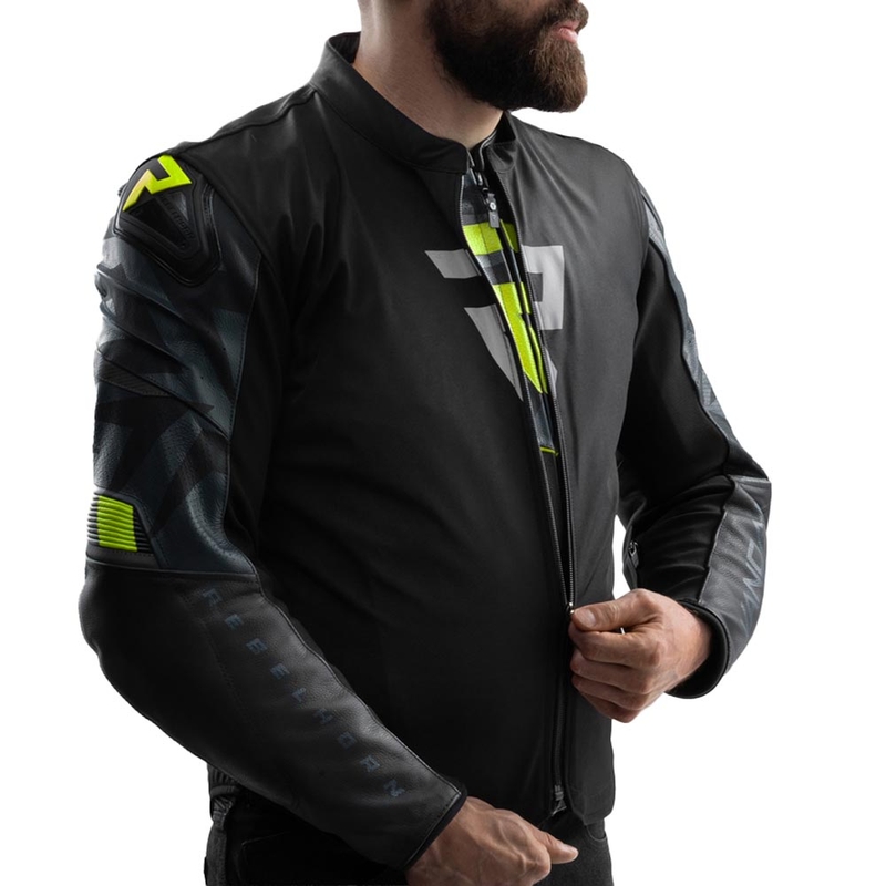 Blouson de moto en cuir Rebelhorn Vandal 2 noir-gris-jaune fluo