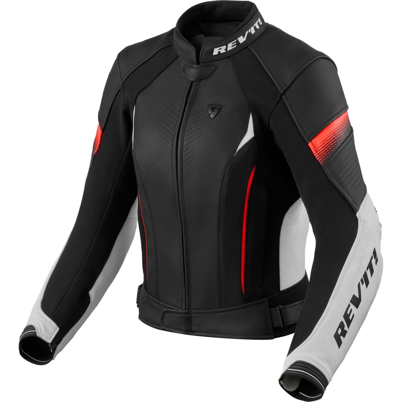 Blouson de moto en cuir pour femme Revit Xena 4, blanc et rouge fluo