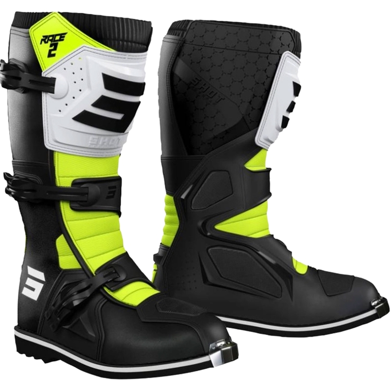 Bottes de motocross Shot Race 2 pour enfants, noir, blanc et jaune fluo