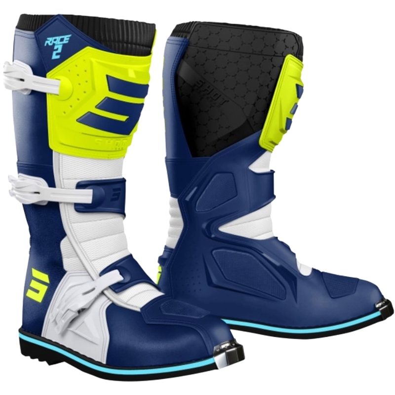 Bottes de motocross Shot Race 2 pour enfants, bleu-blanc-jaune fluo
