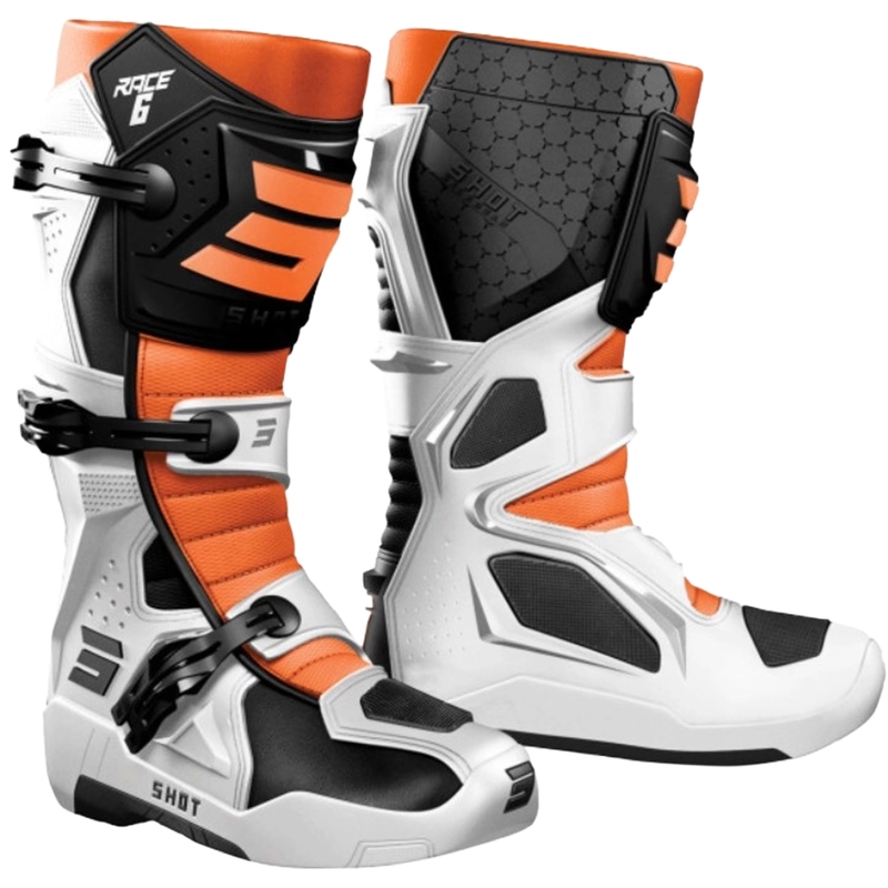 Bottes de motocross Shot Race 6 blanches-noires-oranges
