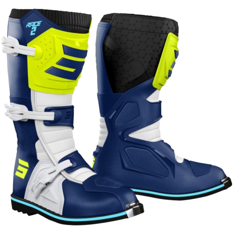 Bottes de motocross Shot Race 2 bleu-blanc-jaune fluo