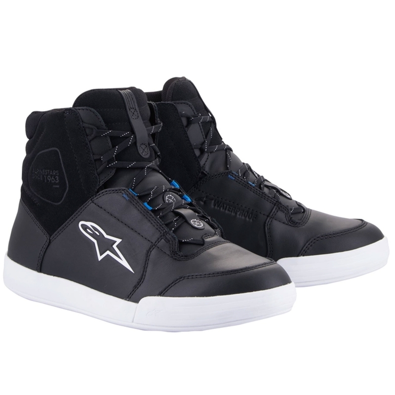 Bottes de moto Alpinestars Chrome Drystar noires, blanches et bleues
