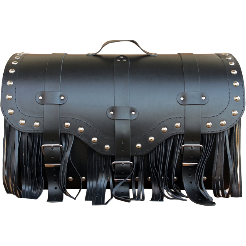 Étui de moto en cuir avec serrure, rivets et franges RSA K155 noir