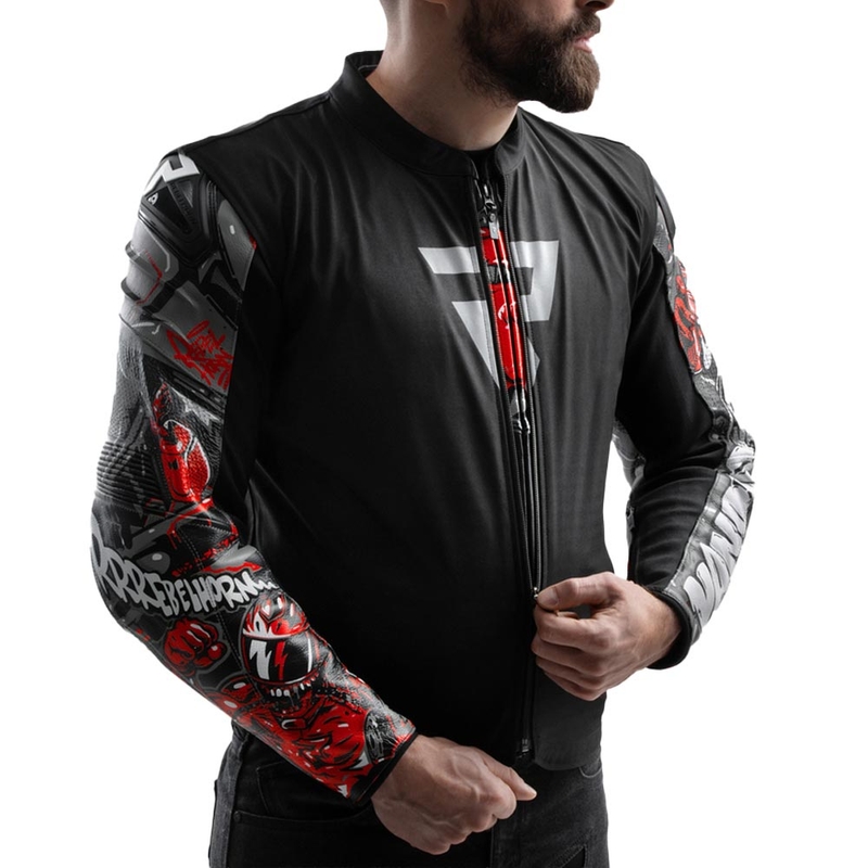 Blouson de moto en cuir Rebelhorn Vandal 2 Cruze noir-gris foncé-rouge