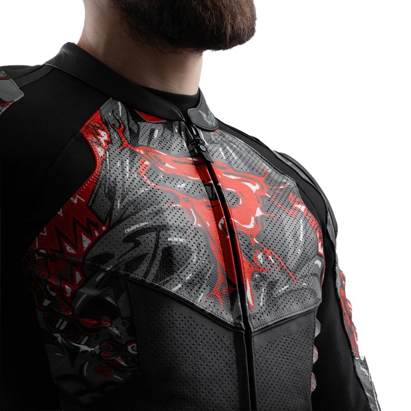 Blouson de moto en cuir Rebelhorn Vandal 2 Cruze noir-gris foncé-rouge