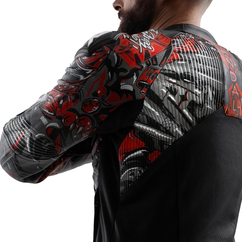 Blouson de moto en cuir Rebelhorn Vandal 2 Cruze noir-gris foncé-rouge