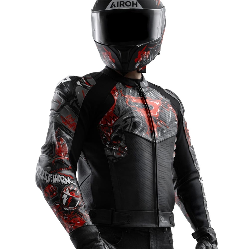 Blouson de moto en cuir Rebelhorn Vandal 2 Cruze noir-gris foncé-rouge