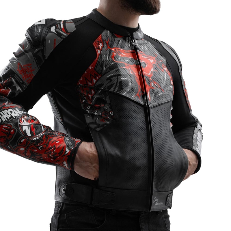 Blouson de moto en cuir Rebelhorn Vandal 2 Cruze noir-gris foncé-rouge