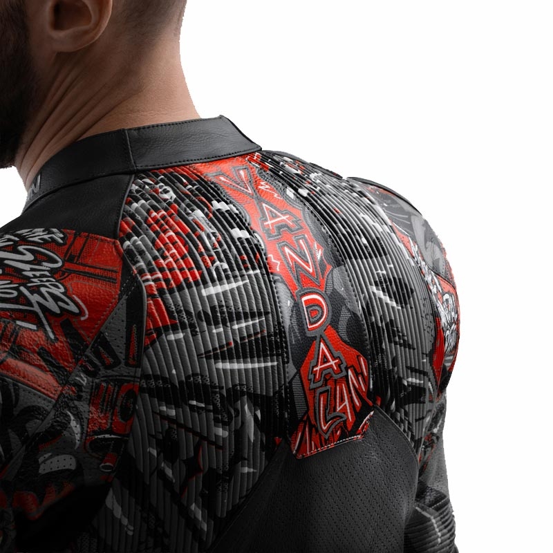Blouson de moto en cuir Rebelhorn Vandal 2 Cruze noir-gris foncé-rouge