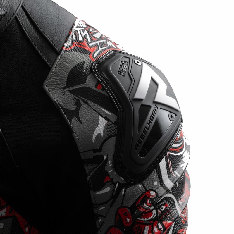 Blouson de moto en cuir Rebelhorn Vandal 2 Cruze noir-gris foncé-rouge