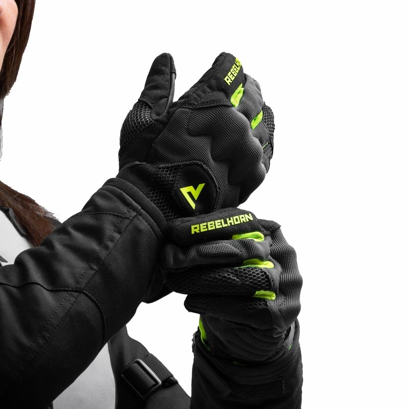 Gants de moto pour femmes Rebelhorn Core noir-gris-jaune fluo