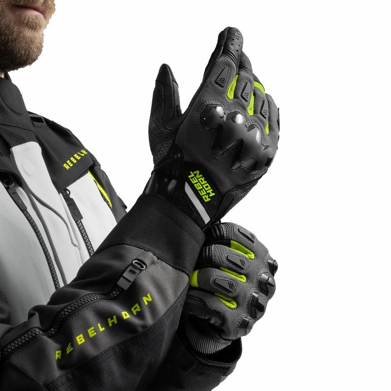 Gants de moto Rebelhorn Defender noir-gris-jaune fluo