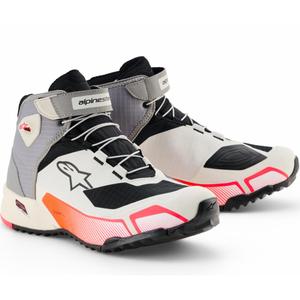Bottes de moto Alpinestars Stella CR-X Drystar pour femmes, coloris blanc, gris clair, noir et rose fluo.