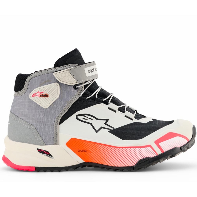 Bottes de moto Alpinestars Stella CR-X Drystar pour femmes, coloris blanc, gris clair, noir et rose fluo.
