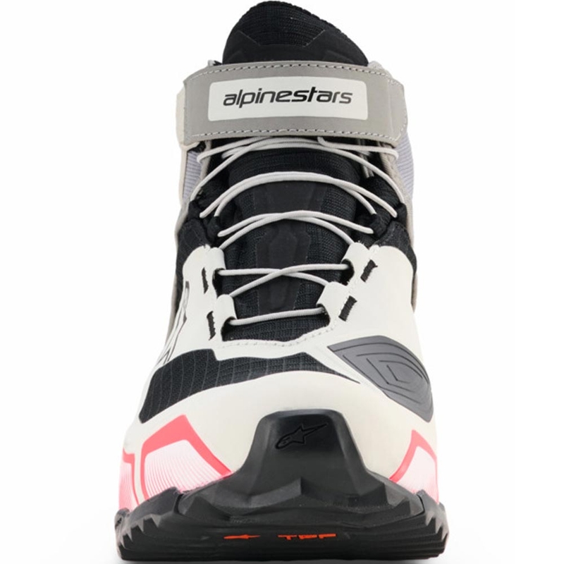 Bottes de moto Alpinestars Stella CR-X Drystar pour femmes, coloris blanc, gris clair, noir et rose fluo.