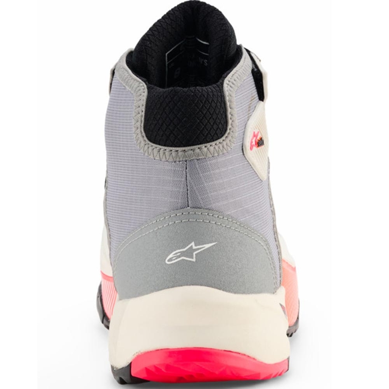 Bottes de moto Alpinestars Stella CR-X Drystar pour femmes, coloris blanc, gris clair, noir et rose fluo.