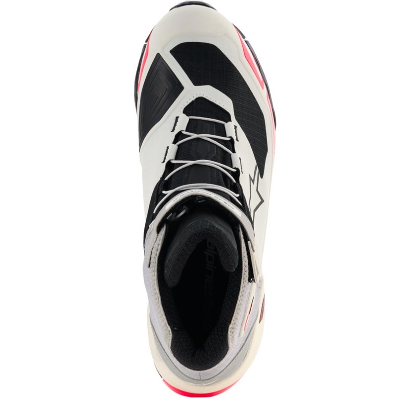Bottes de moto Alpinestars Stella CR-X Drystar pour femmes, coloris blanc, gris clair, noir et rose fluo.