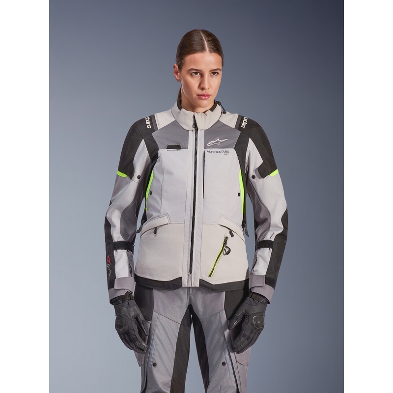 Veste de moto Alpinestars Stella Andes V4 Drystar pour femme, gris foncé-gris clair-noir-jaune fluo