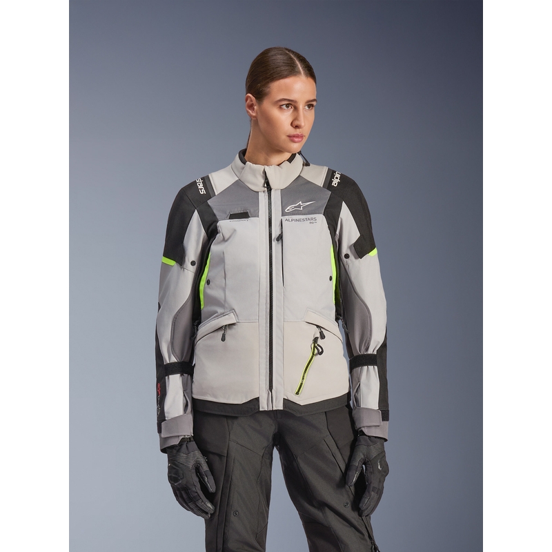 Veste de moto Alpinestars Stella Andes V4 Drystar pour femme, gris foncé-gris clair-noir-jaune fluo