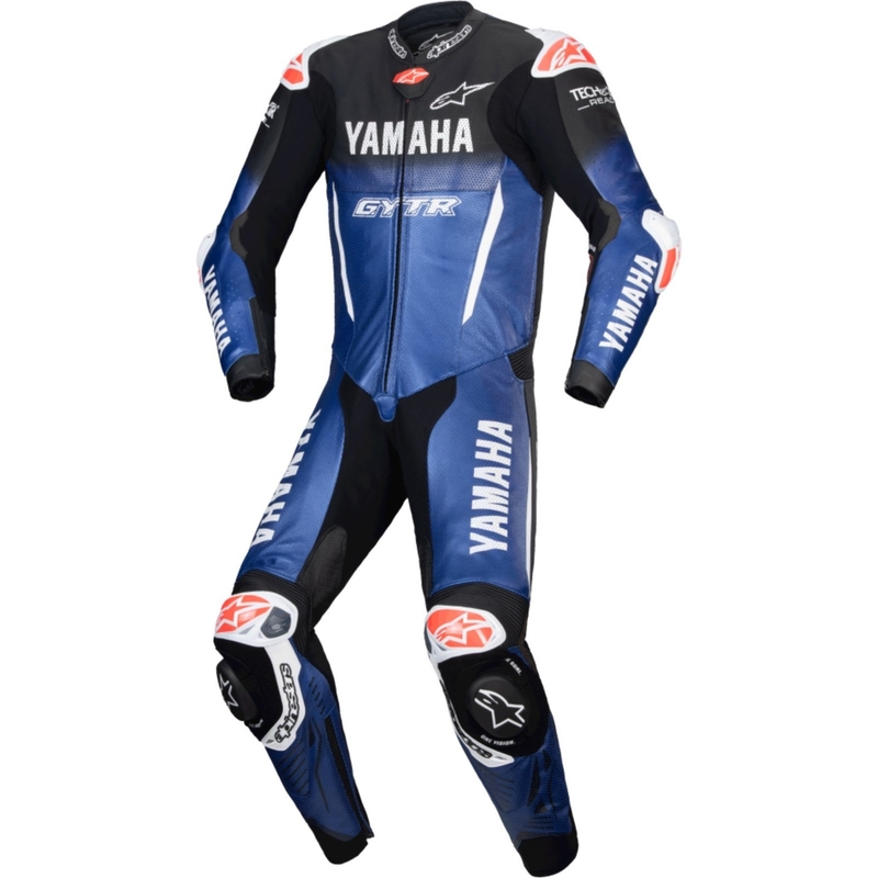 Combinaison de moto en cuir une pièce Alpinestars GP-R7 YAMAHA GYTR TECH-AIR, compatible avec les coloris bleu, noir, blanc et rouge.