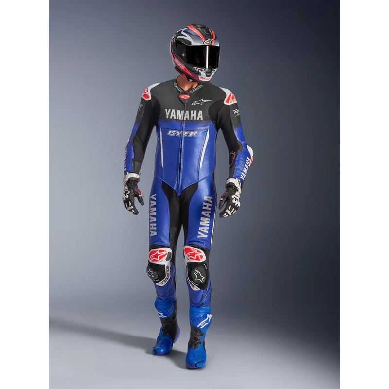 Combinaison de moto en cuir une pièce Alpinestars GP-R7 YAMAHA GYTR TECH-AIR, compatible avec les coloris bleu, noir, blanc et rouge.