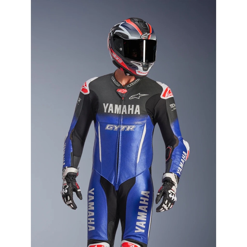 Combinaison de moto en cuir une pièce Alpinestars GP-R7 YAMAHA GYTR TECH-AIR, compatible avec les coloris bleu, noir, blanc et rouge.