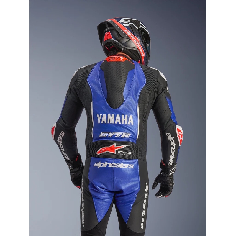 Combinaison de moto en cuir une pièce Alpinestars GP-R7 YAMAHA GYTR TECH-AIR, compatible avec les coloris bleu, noir, blanc et rouge.