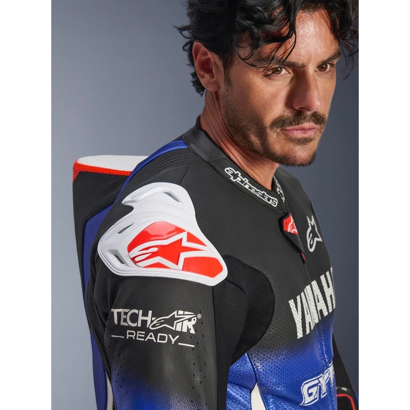 Combinaison de moto en cuir une pièce Alpinestars GP-R7 YAMAHA GYTR TECH-AIR, compatible avec les coloris bleu, noir, blanc et rouge.