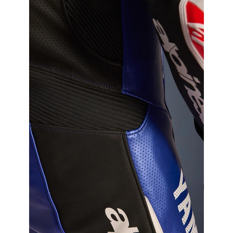 Combinaison de moto en cuir une pièce Alpinestars GP-R7 YAMAHA GYTR TECH-AIR, compatible avec les coloris bleu, noir, blanc et rouge.