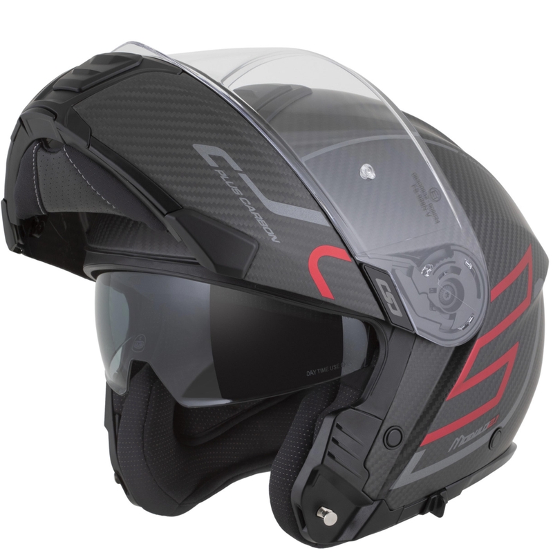 Casque de moto modulable Cassida Modulo 2.1 Plus Carbon BlackOut noir mat-rouge métallisé-argent réfléchissant-noir