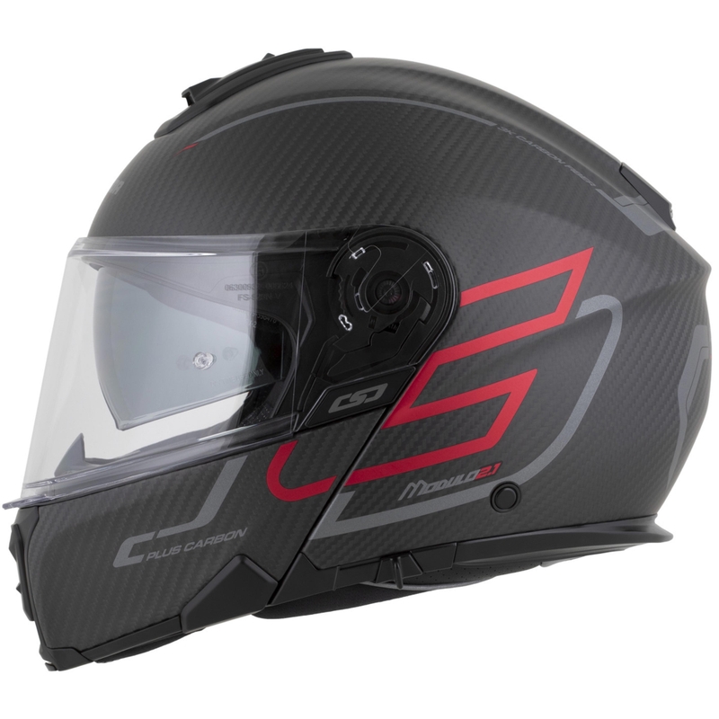 Casque de moto modulable Cassida Modulo 2.1 Plus Carbon BlackOut noir mat-rouge métallisé-argent réfléchissant-noir