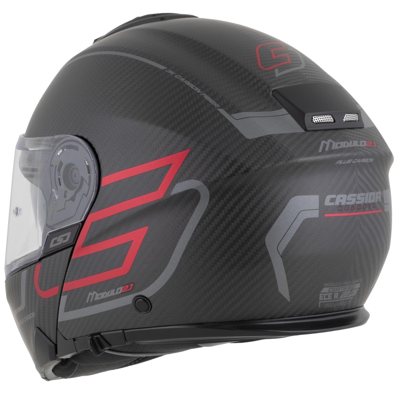 Casque de moto modulable Cassida Modulo 2.1 Plus Carbon BlackOut noir mat-rouge métallisé-argent réfléchissant-noir