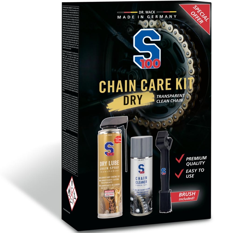 Kit d'entretien de chaîne comprenant un lubrifiant transparent S100 (lubrifiant sec)