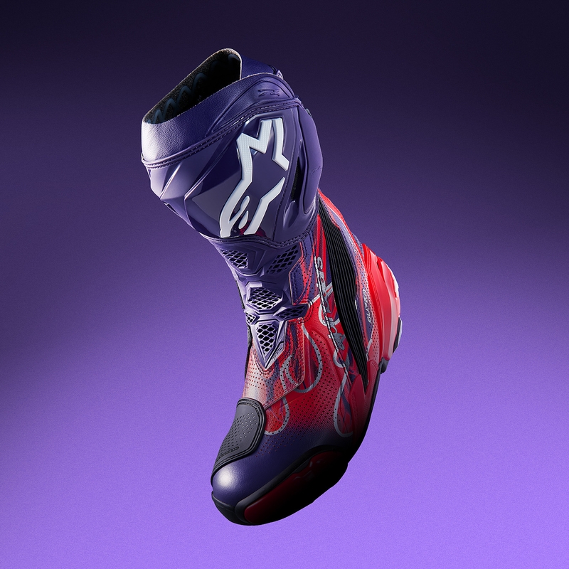 Bottes de moto Alpinestars Supertech R Vented Flyte édition limitée Jorge Martin violet-rouge-noir