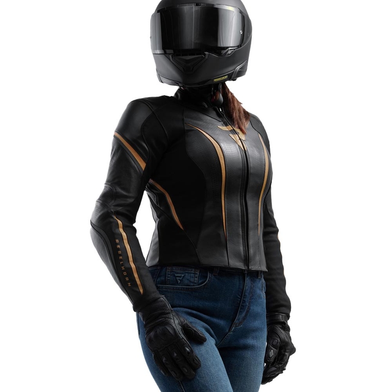 Blouson de moto en cuir pour femme Rebelhorn Diva ST noir et or